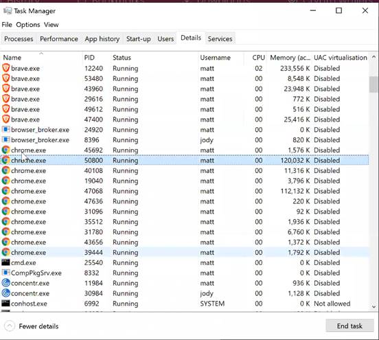 Windows Task manager with Brave, Brave, Brave and Chrome, Chrome, Chrome