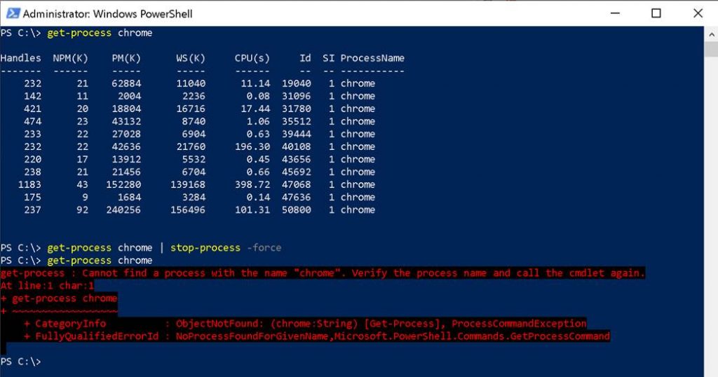 Powershell console window showing lots of Chrome processes being killed off with one command.