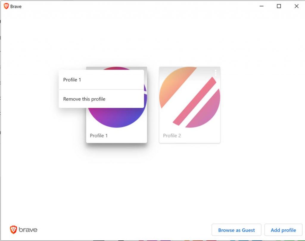 The Manage Profiles Dialog Box from the Brave Web Browser showing Add Profile and Remove Profile but not Edit Profile.